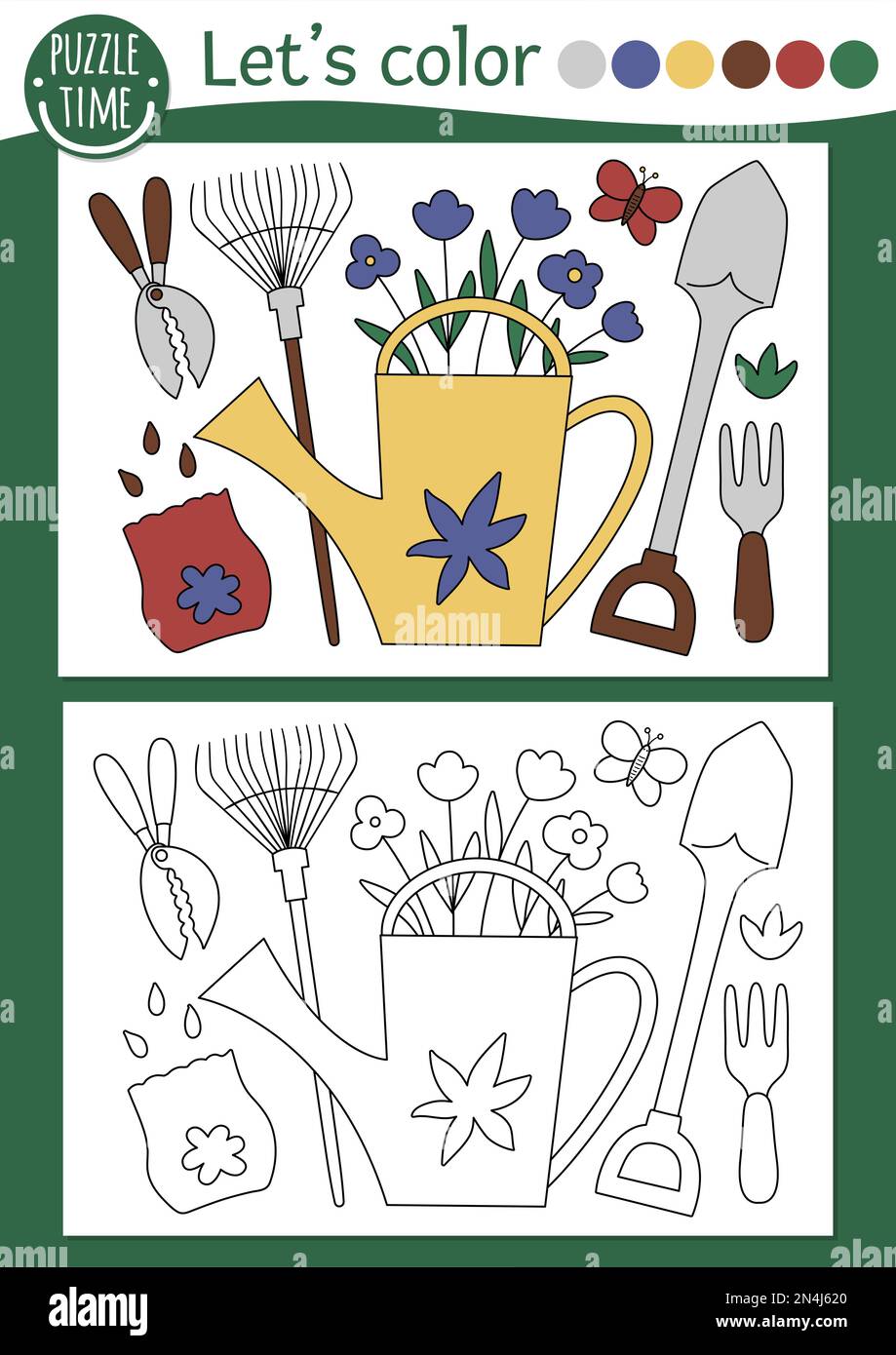 Garden coloring page for children with watering can and gardening tools vector spring outline illustration color book for kids with colored example stock vector image art