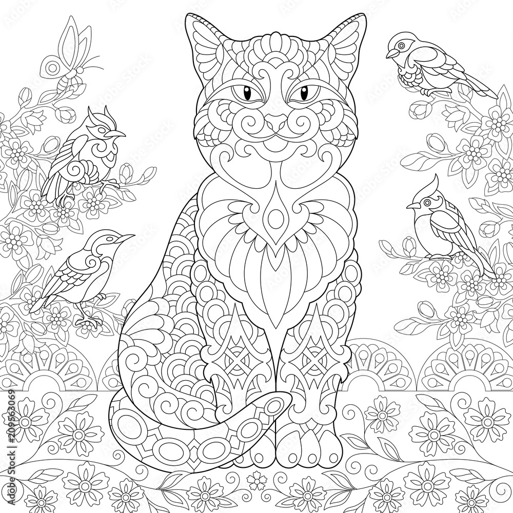 Cat and spring birds in the garden coloring page colouring picture adult coloring book idea vector