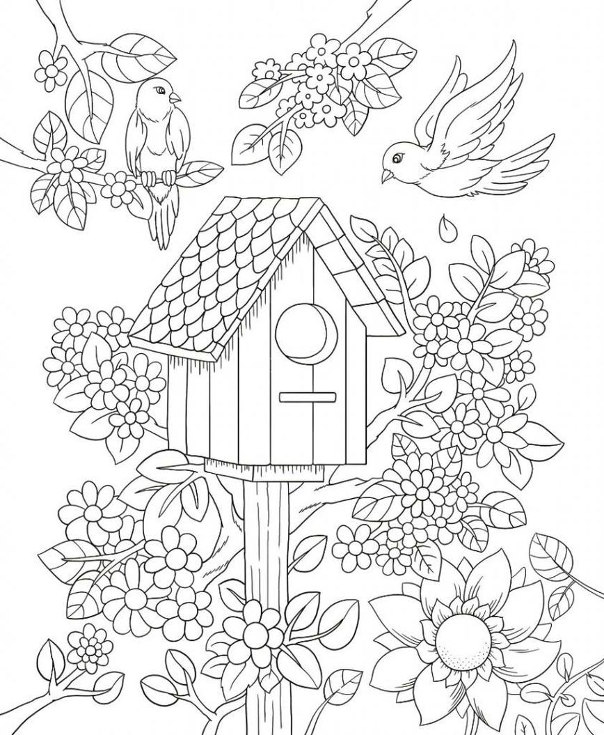 Get this spring coloring pages printable for adults birdhouse in flower garden