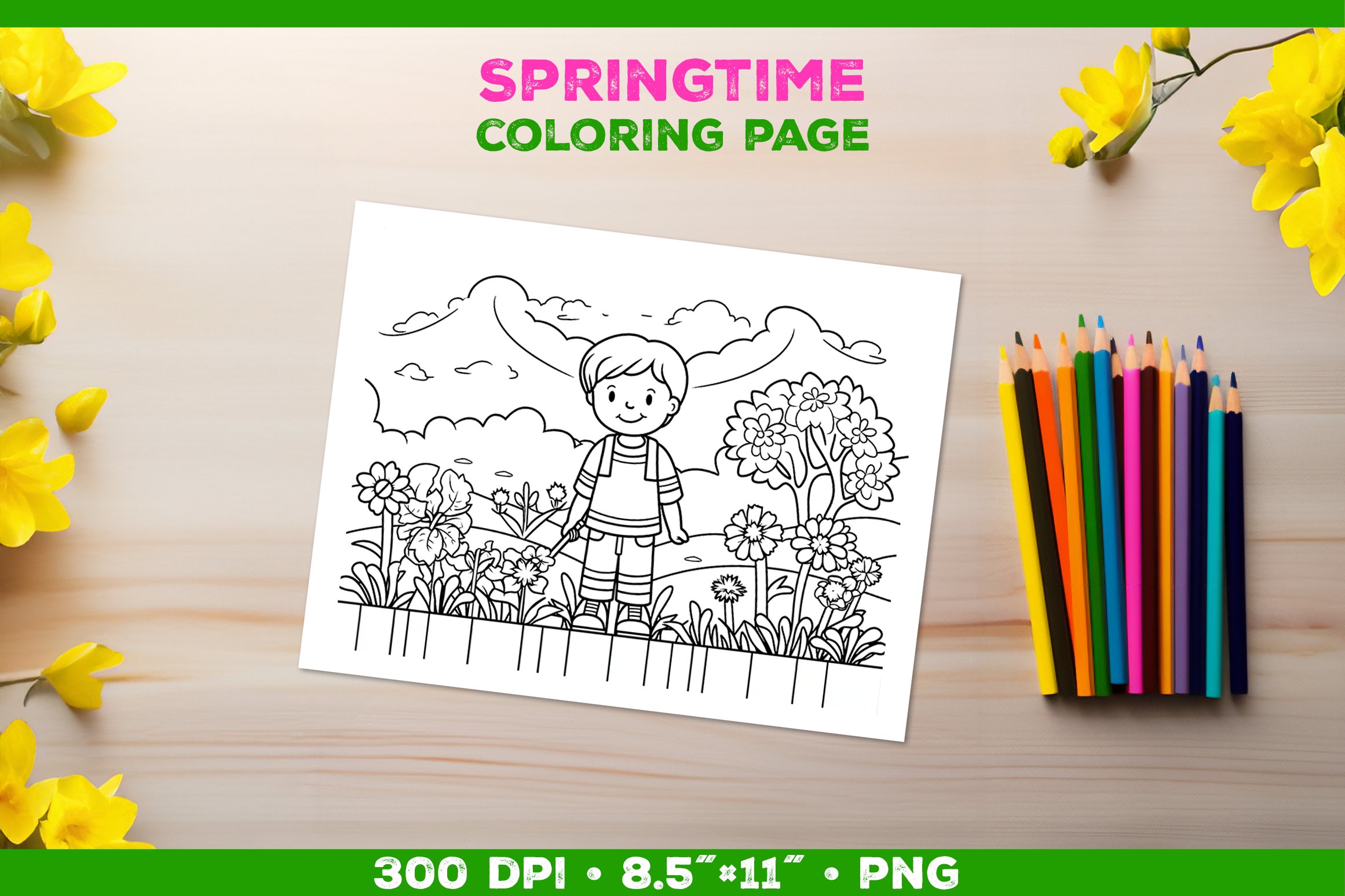 Springtime garden fun coloring page with boy