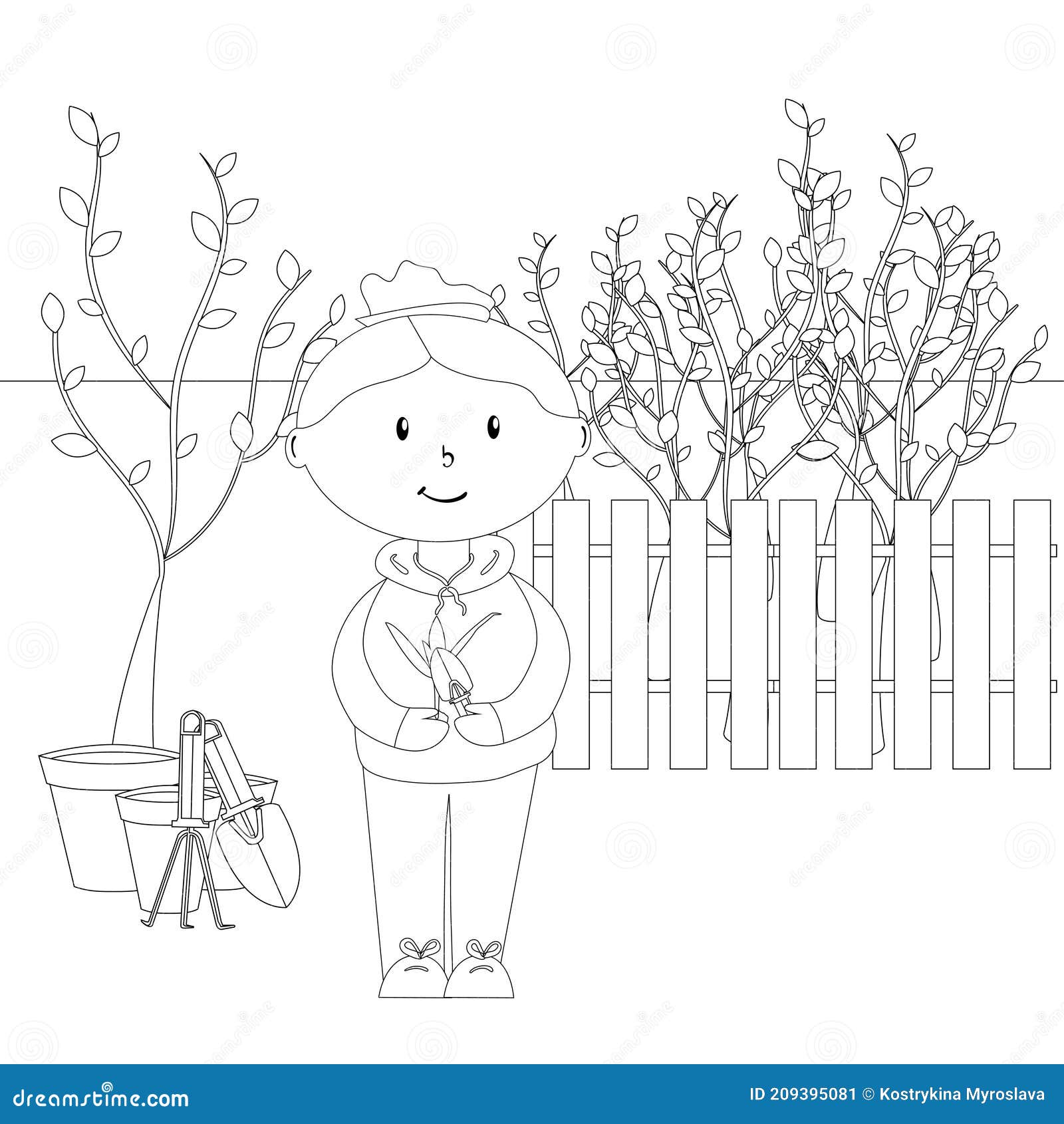 Doll with garden tool in spring garden coloring page for children simple vector illustration stock vector