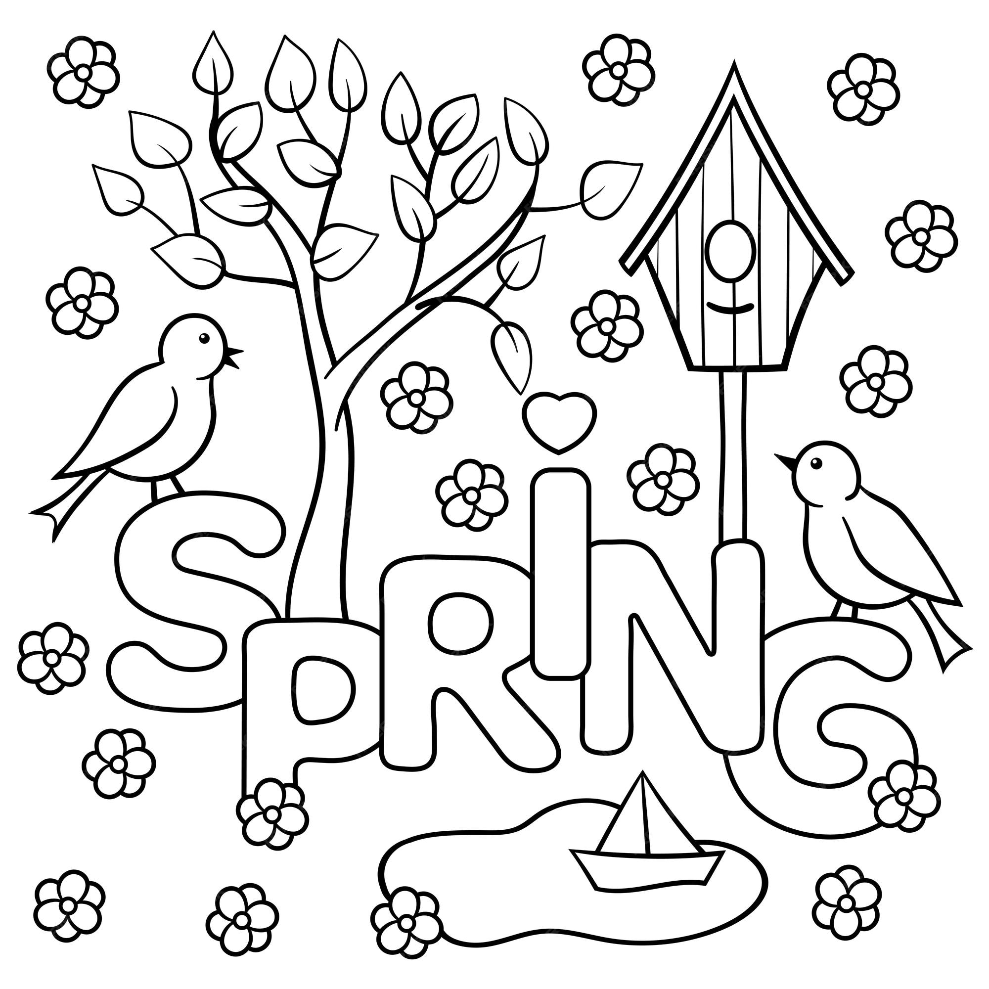 Premium vector coloring page with the word spring birds birdhouse leaves tree boat in a puddle flowers vector illustration