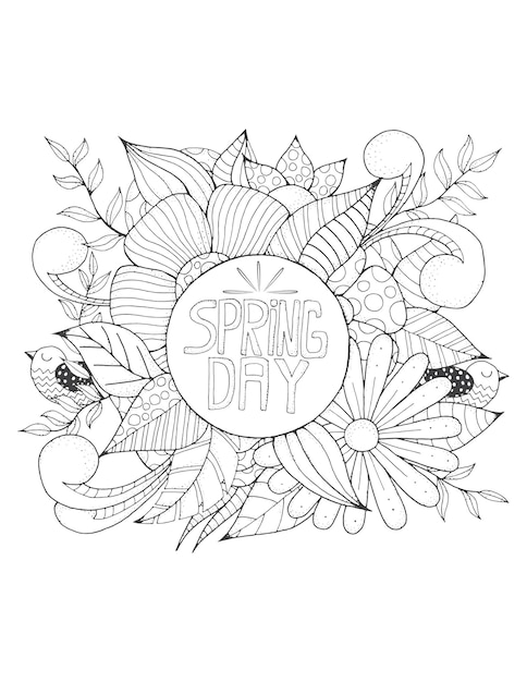 Premium vector mandala spring day flower leaves zentangle arts for kids and adult coloring page and coloring book