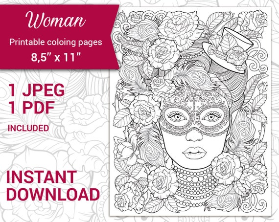 Pdf jpeg printable adult coloring page botanical printable coloring page woman portrait spring summer flowers and leaves coloring