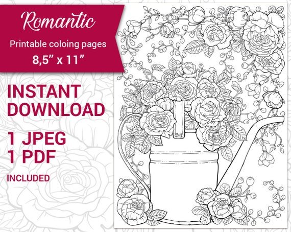 Pdf jpeg printable adult coloring page botanical printable coloring page romantic bouquet spring summer flowers and leaves coloring