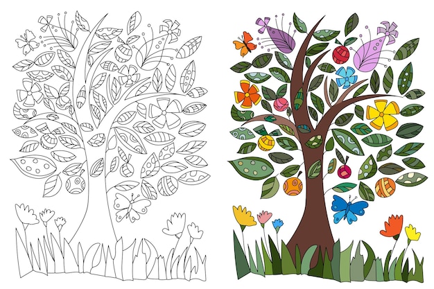 Premium vector tree with flowers leaves and butterflies coloring book page