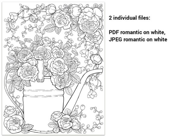 Pdf jpeg printable adult coloring page botanical printable coloring page romantic bouquet spring summer flowers and leaves coloring