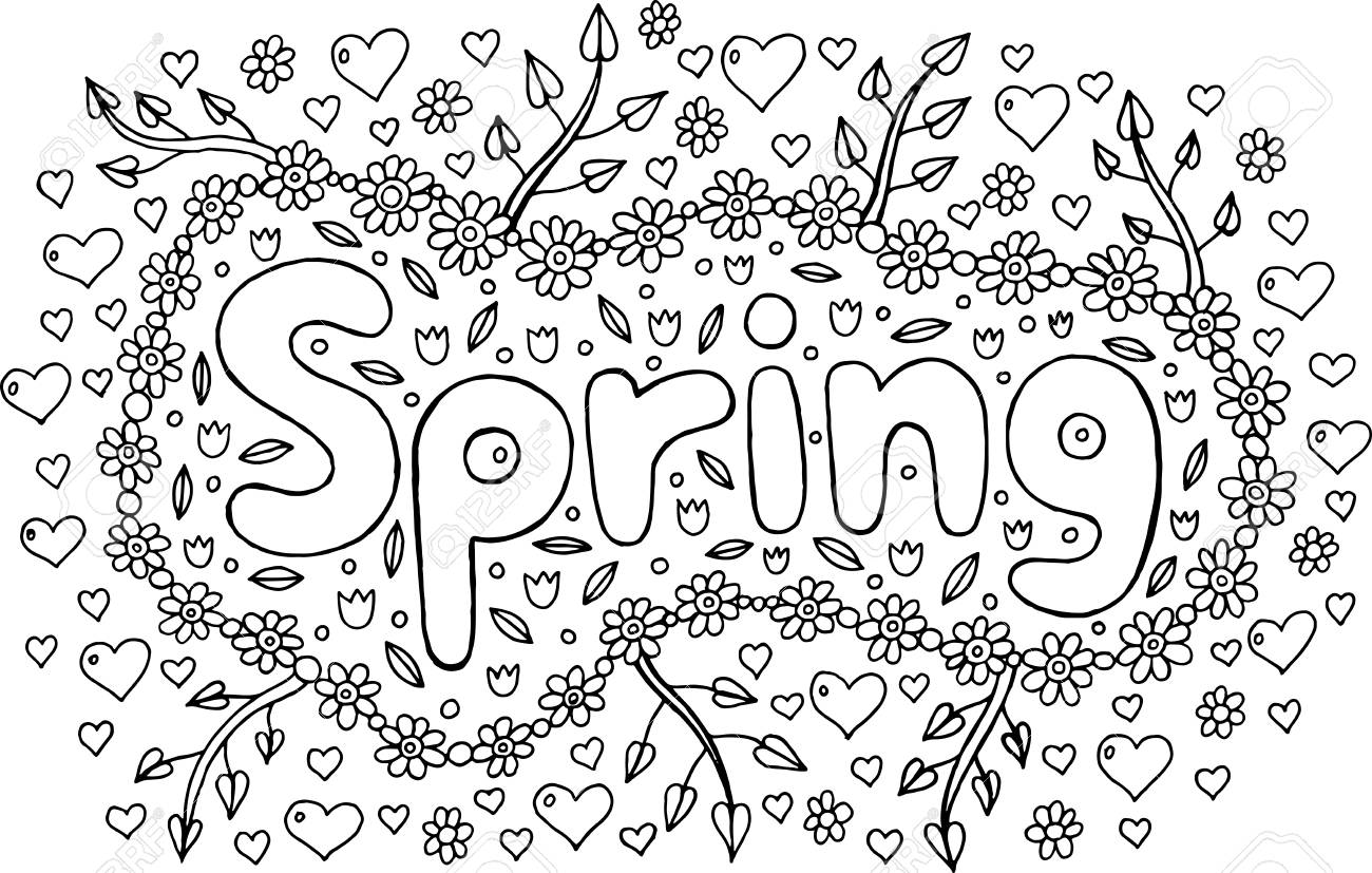 Coloring page for adults with mandala and spring word doodle lettering ink outline artwork vector illustration royalty free svg cliparts vectors and stock illustration image