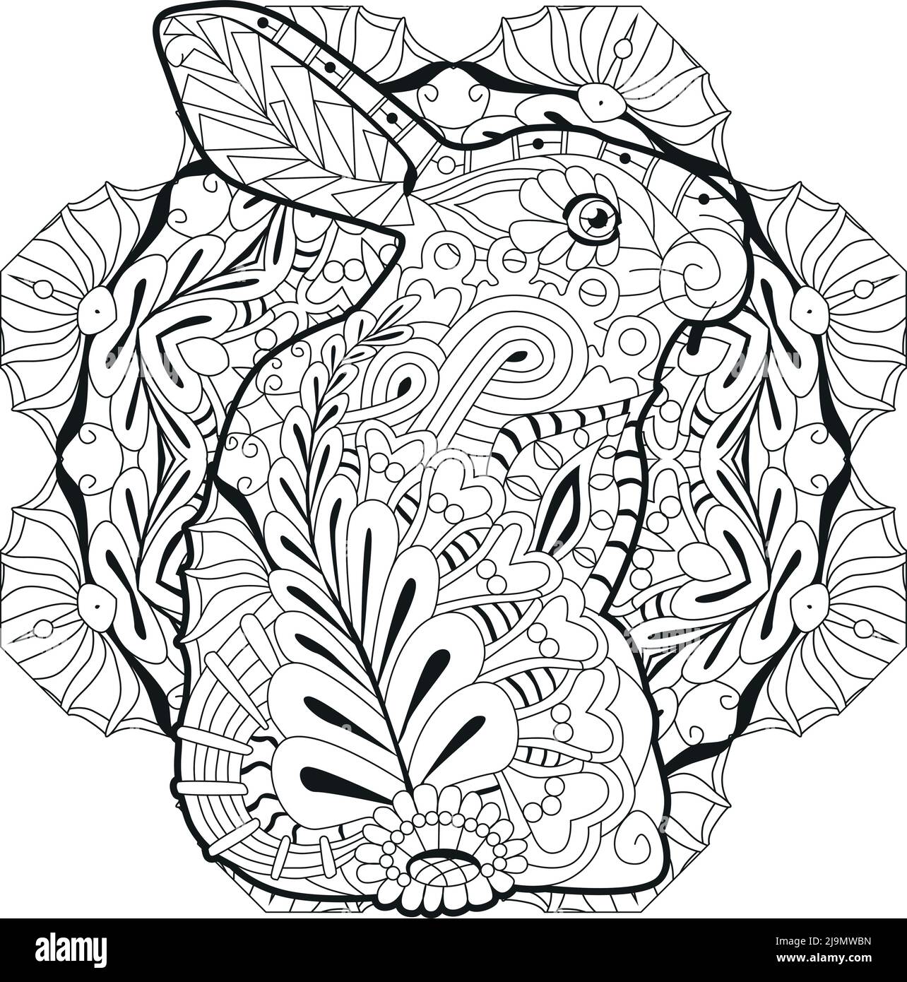 Spring rabbit on mandala coloring page for adult and children easter background with creative cute bunny black and white vector illustration stock vector image art