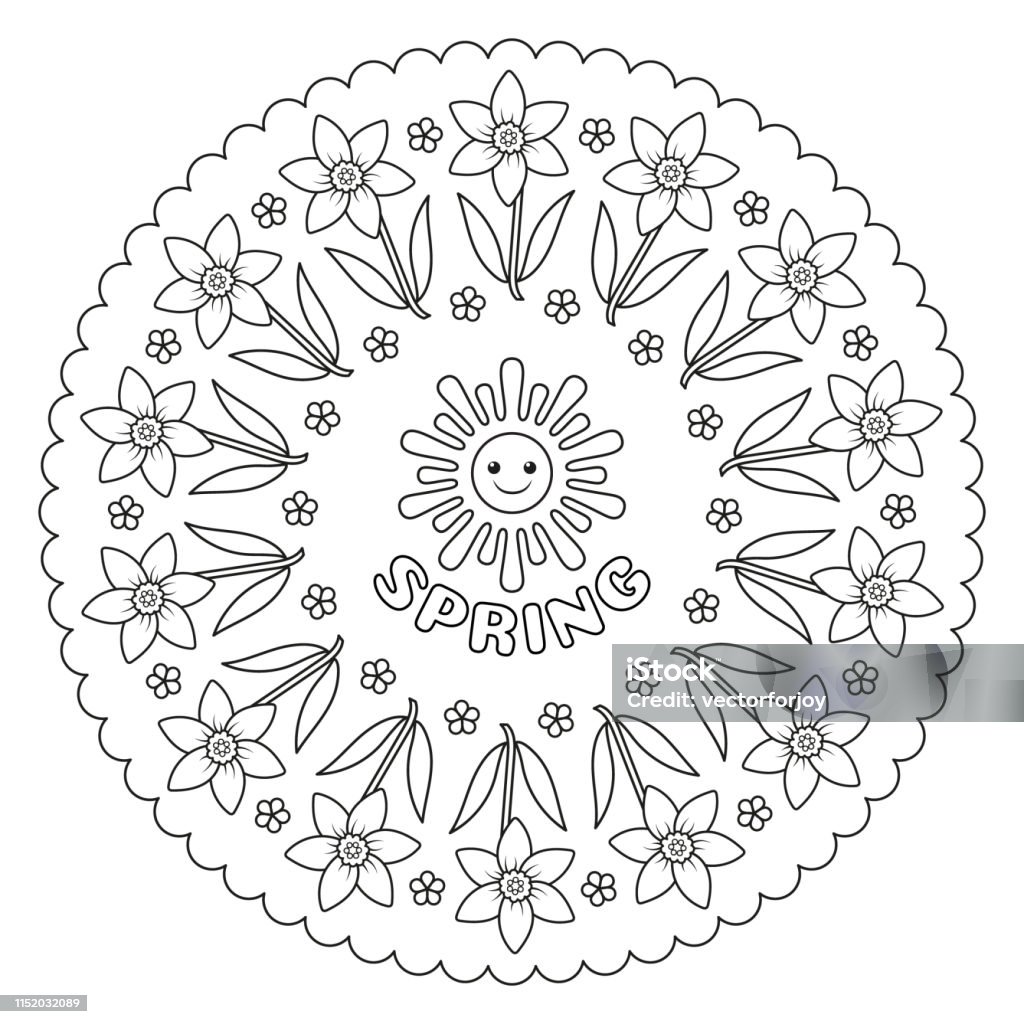 Coloring page mandala with spring sun and flowers vector illustration stock illustration