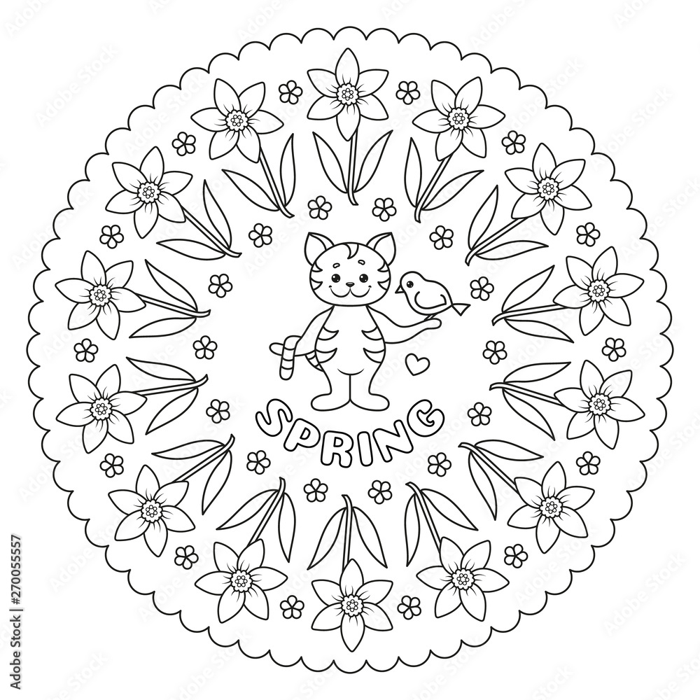 Coloring page mandala with cat bird and flowers spring vector illustration vector