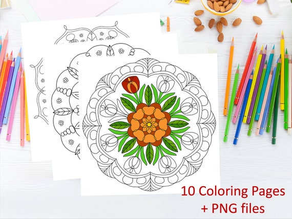 Hand drawn spring mandala coloring pages printable pdf png included