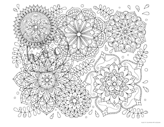 Spring mandala cluster floral adult coloring page instant printable digital download