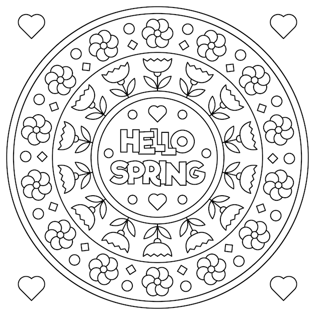 Premium vector hello spring coloring page black and white illustration