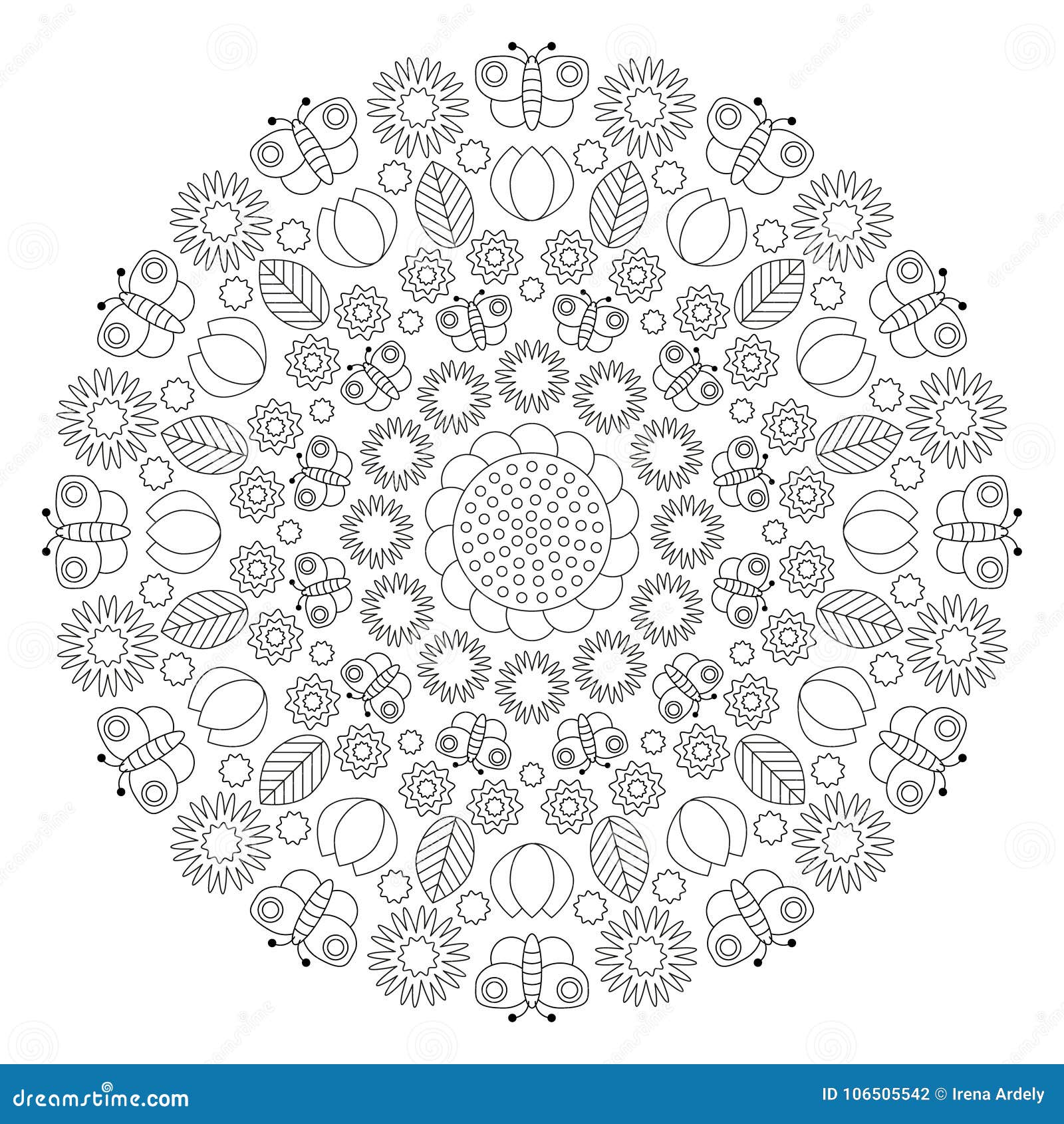 Vector black and white spring mandala with butterflies flowers leaves tulips