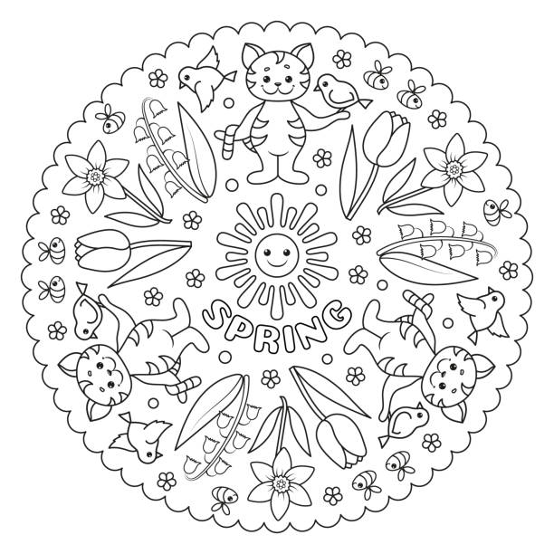 Coloring page mandala with cat bird and flowers spring vector illustration stock illustration