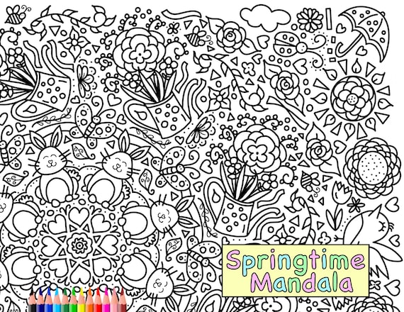 Springtime mandala coloring page printout download colouring page spring animals and flowers relaxing quarantine activity cute doodles