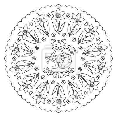 Coloring page mandala with cat bird and flowers spring vector wall mural â murals white vector tulip