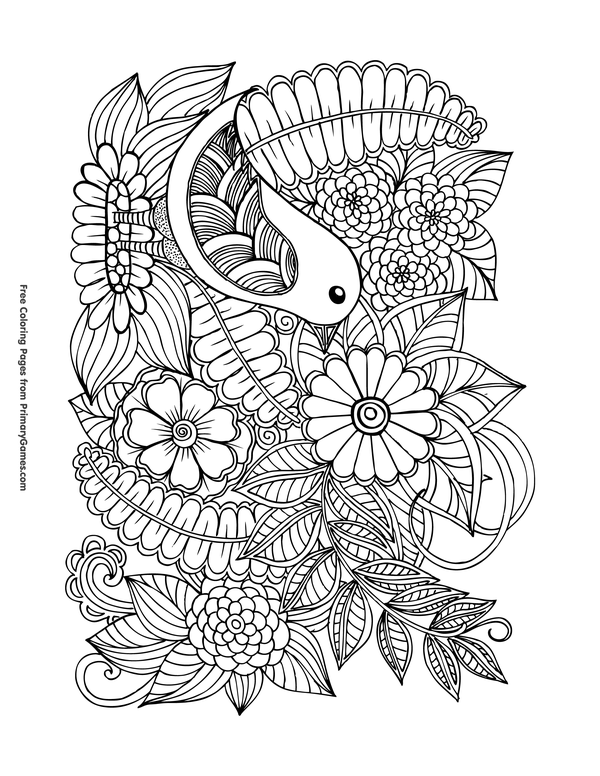 Bird with flowers coloring page â free printable ebook spring coloring pages abstract coloring pages coloring pages