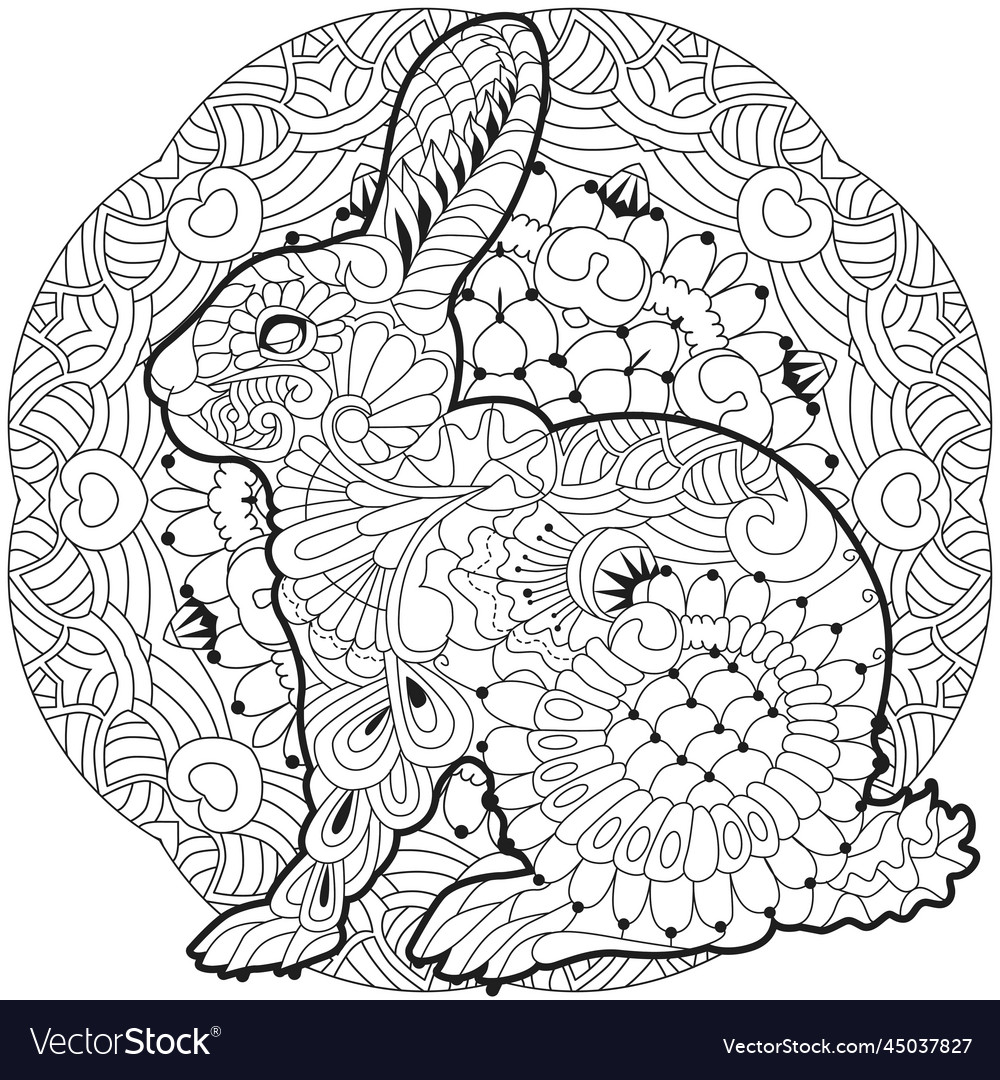 Spring rabbit on mandala coloring page for adult vector image