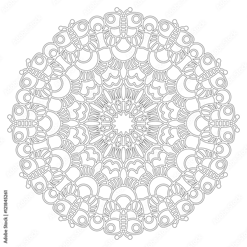 Vector black and white round geometric spring mandala with butterflies