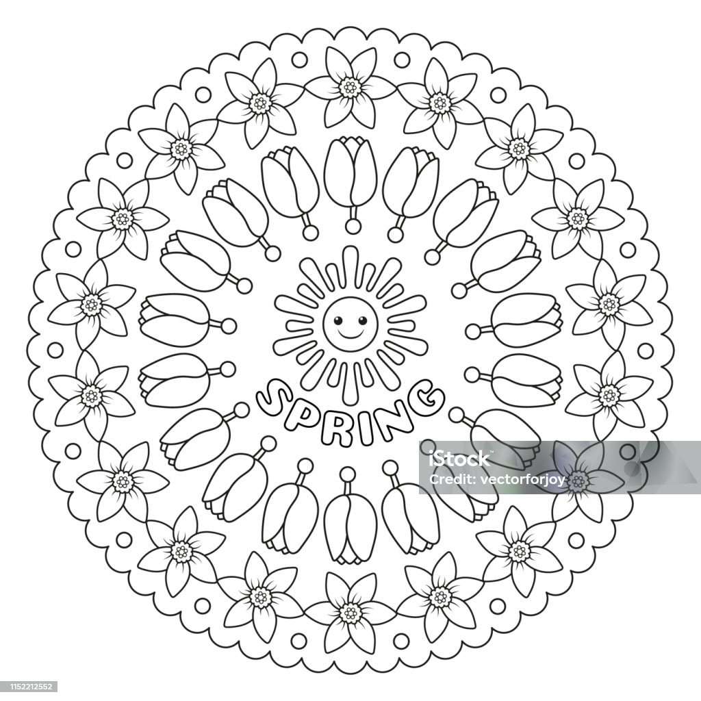 Coloring page mandala with spring sun and flowers vector illustration stock illustration