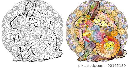 Spring rabbit on mandala coloring page for