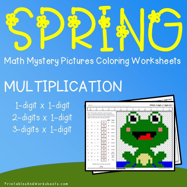 Spring multiplication mystery pictures coloring worksheets