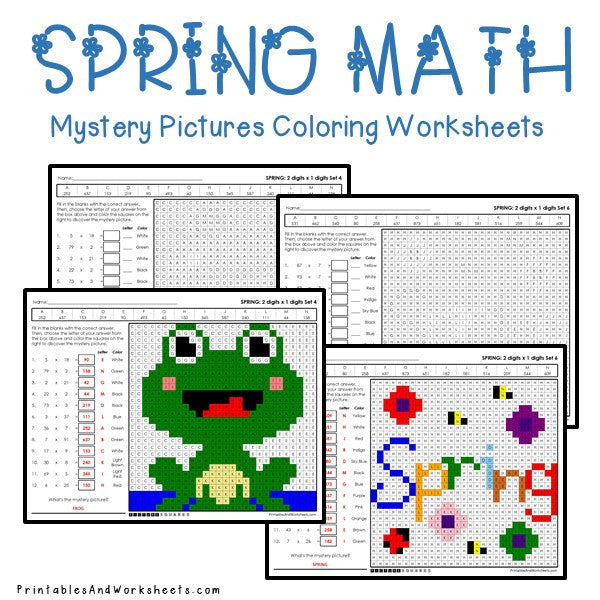 Spring multiplication mystery pictures coloring worksheets