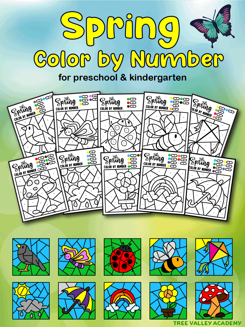 Spring color by number worksheets for preschoolers