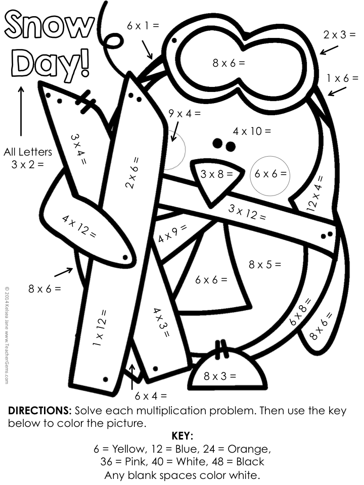 Winter color by number multiplication and division facts