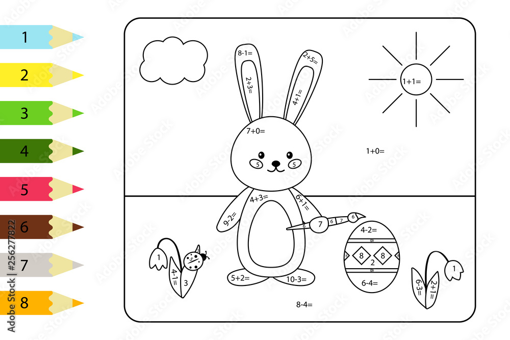 Educational coloring page for preschool kids paint color by subtraction and addition numbers vector bunny paints easter egg spring theme vector