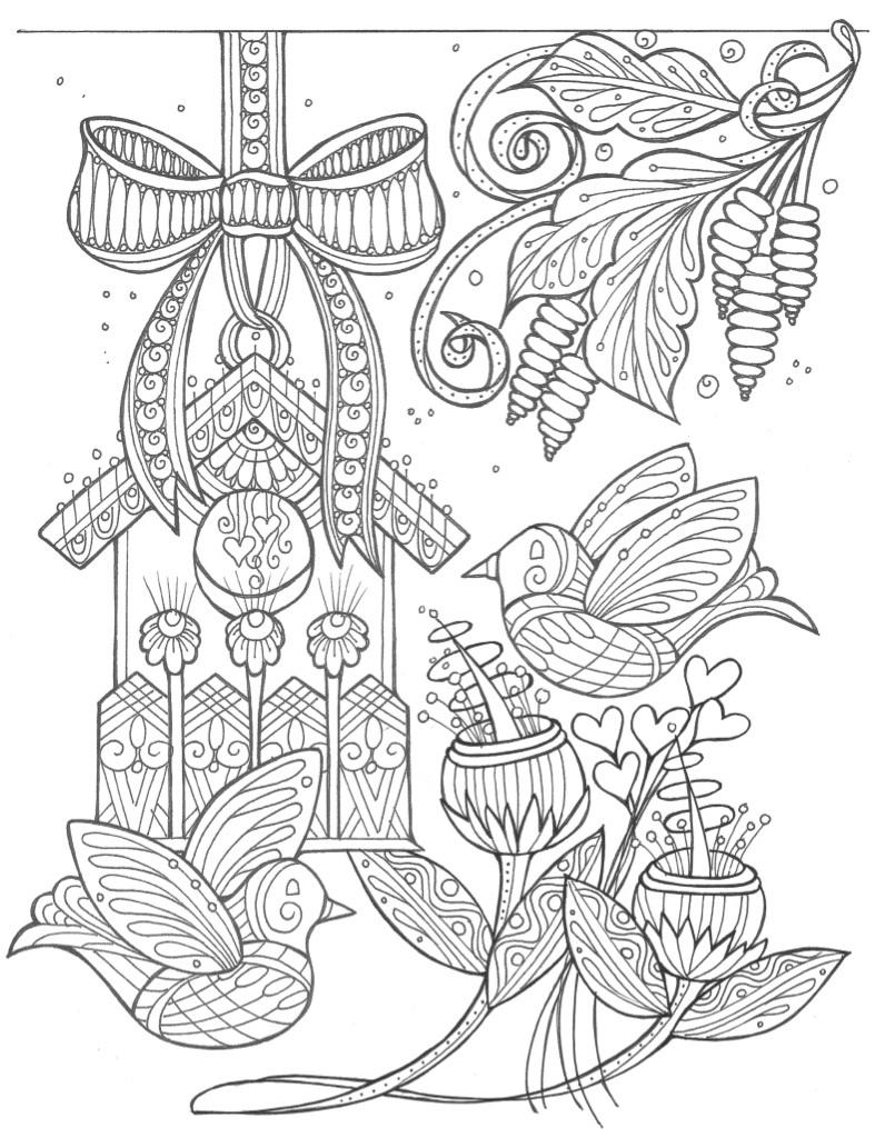 Birds and flowers spring coloring page