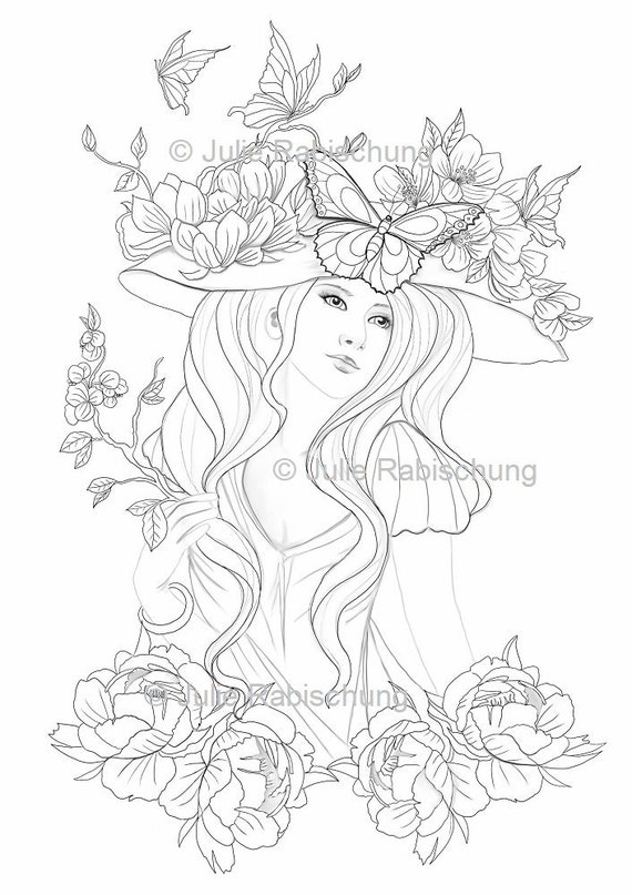 Printable coloring pagespring coloring pagewoman portraitwoman faceflowersbutterfliesadult coloring pageinstant download file