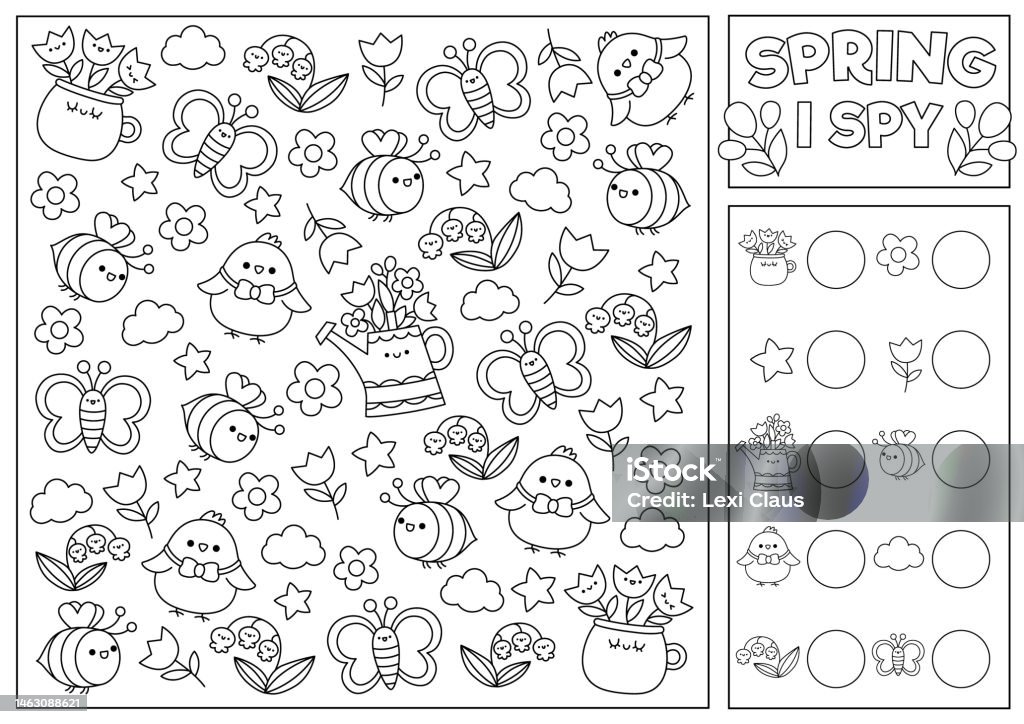 Spring or summer black and white i spy game for kids searching and counting activity with cute kawaii chick bee garden printable worksheet coloring page simple spotting puzzle with first flowers stock