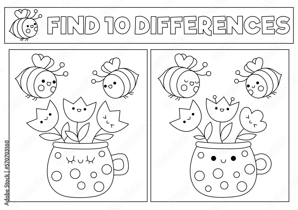 Garden black and white kawaii find differences game coloring page with cute bees and flowers in pot spring holiday puzzle or activity for kids printable what is different worksheet vector