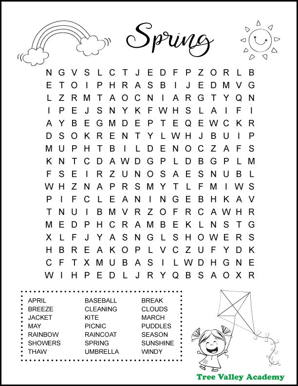 Free printable spring break word search for kids