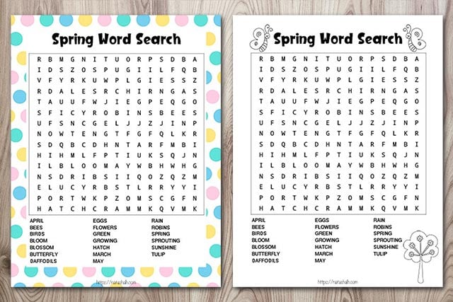 Free spring word search printable cute color ink