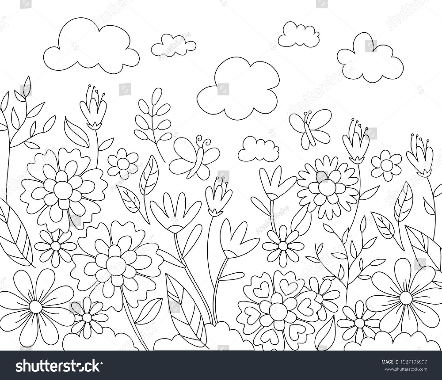 Spring season scene coloring page stock illustration