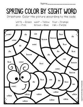 Color by sight word spring kindergarten worksheets tpt