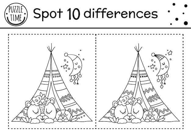 Premium vector mothers day find differences game for children with cute animals holiday black and white activity and coloring page with baby bear and mother in wigwam spring worksheet showing family