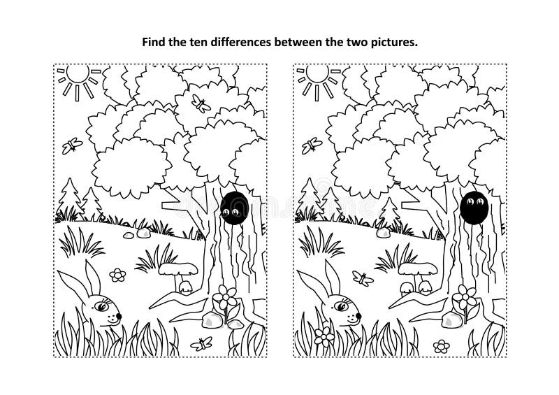 Find the differences visual puzzle and coloring page with nature scene stock vector