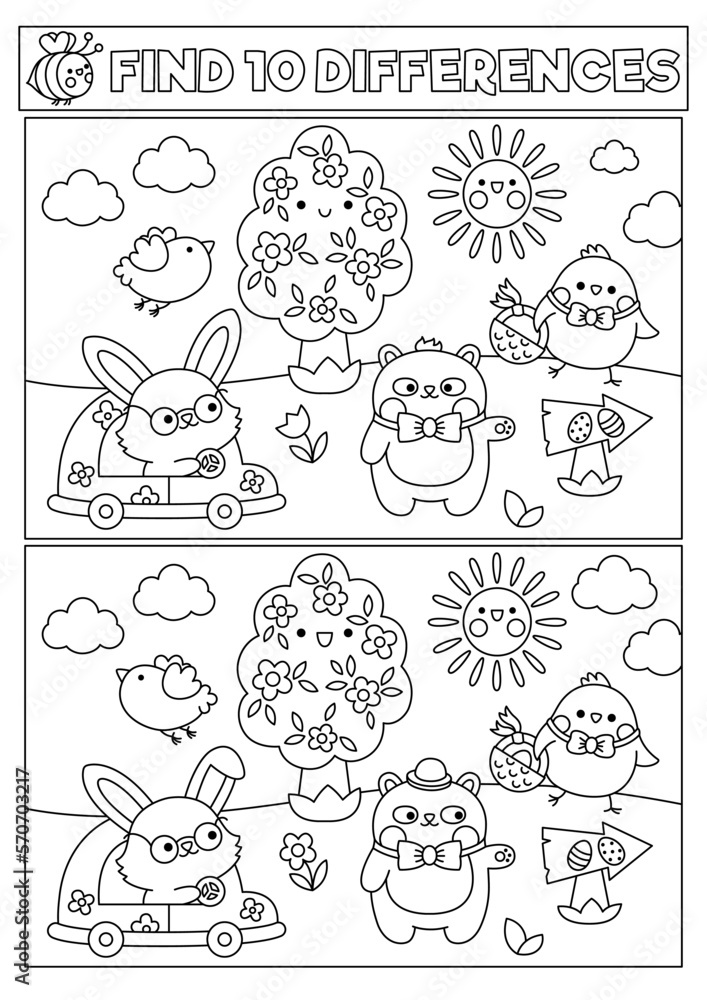 Easter black and white kawaii find differences game for children attention skills line activity with cute bunny and chick going on egg hunt spring holiday puzzle or coloring page for kids
