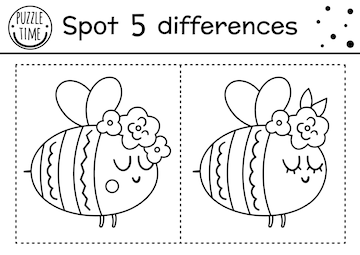 Premium vector forest find differences game for children with cute bumblebee woodland black and white activity and coloring page with insect spring printable worksheet xa