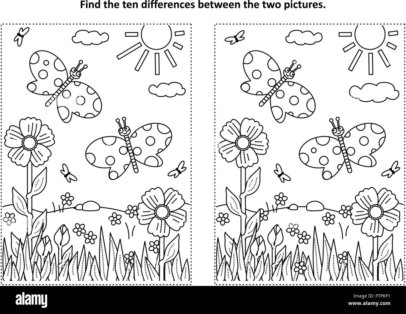 Spring or summer joy themed find the ten differences picture puzzle and coloring page with butterflies flowers grass stock vector image art