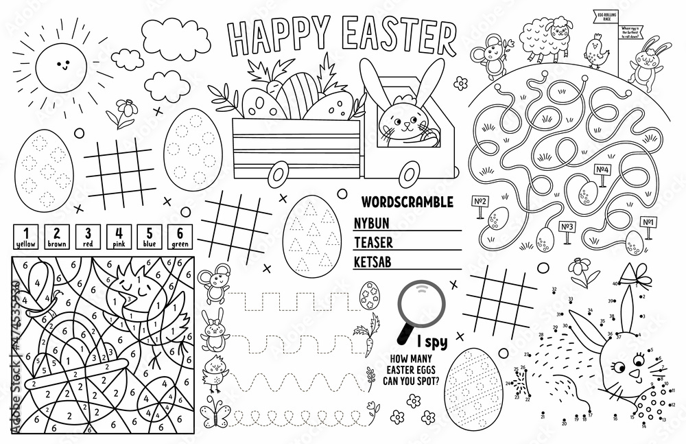 Vector easter placemat for kids spring holiday printable activity mat with maze tic tac toe charts connect the dots find difference black and white play mat or coloring page vector