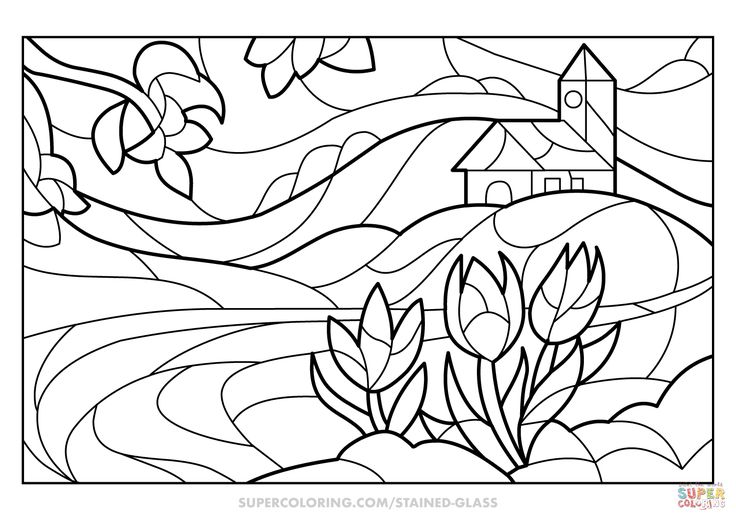 Spring scene stained glass coloring page free printable coloring pages coloring pages spring scene printable coloring pages