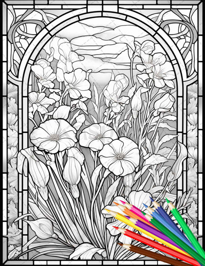 Stained glass flowers grayscale coloring pages printable for adults â coloring