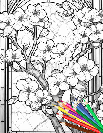 Stained glass flowers grayscale coloring pages printable for adults â coloring