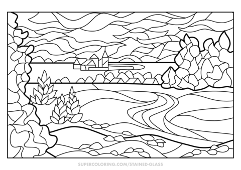 Summer landscape stained glass coloring page free printable coloring pages